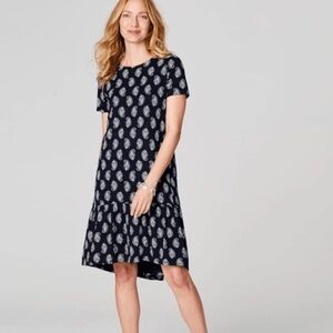 J Jill Tiered Midi Dress Women M Pockets Navy Blue Cottagecore Paisley Casual
